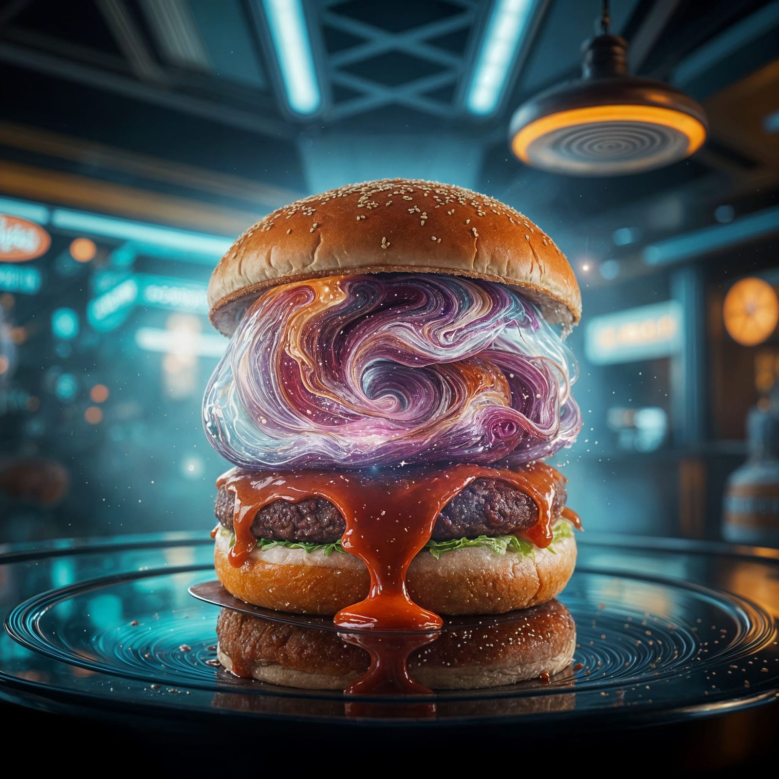 Cosmic Nebula Burger in Futuristic Space Diner