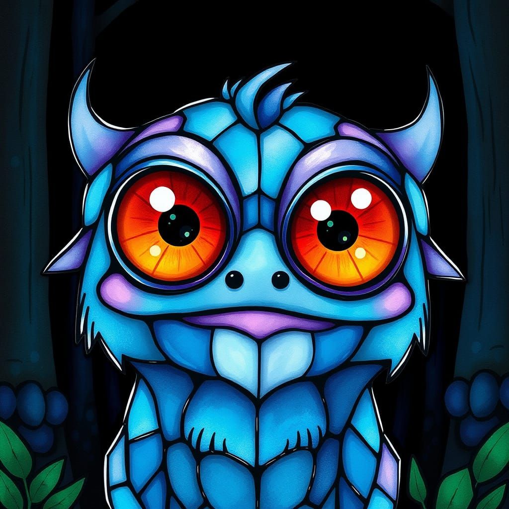 Strange cute stained glass blue/purple cute monster, big hug...