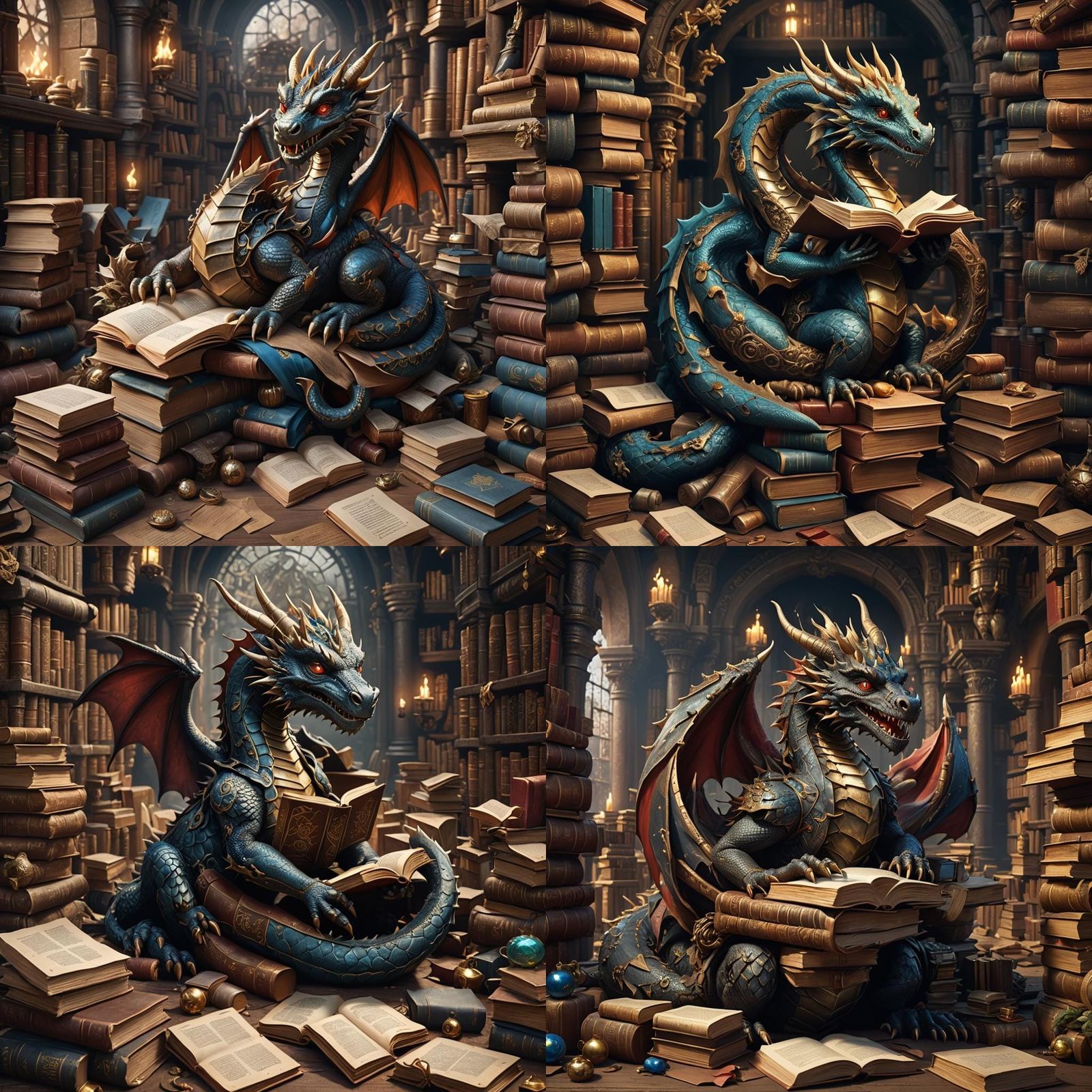 Dragon Curled Up with Books in Matte Painting