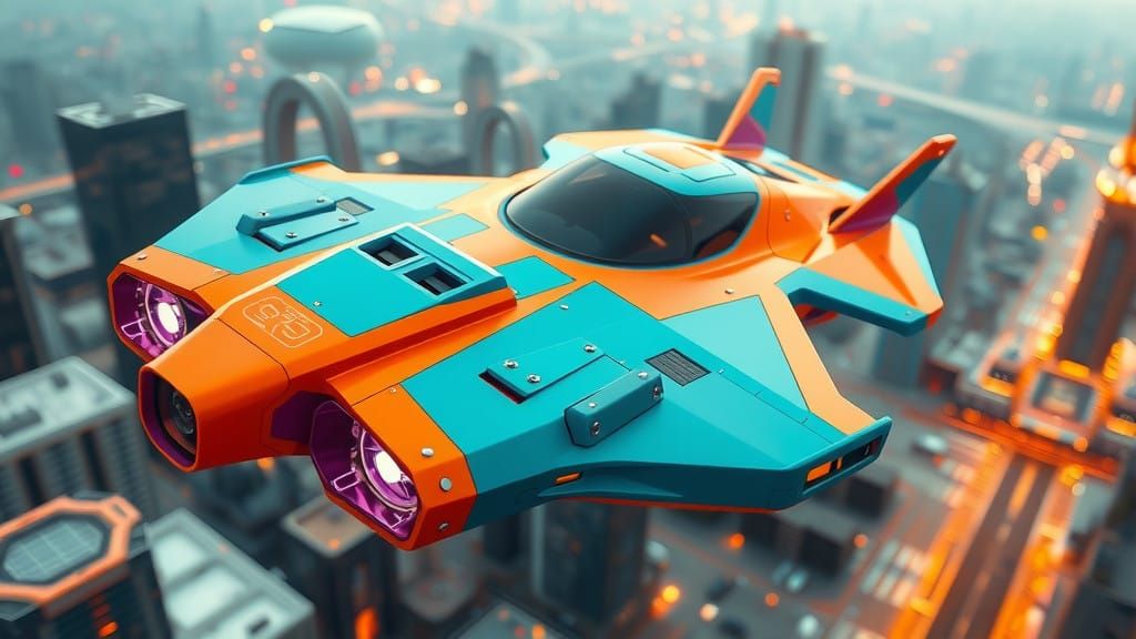 Surreal Futuristic Aircraft Soars Above Cityscape in Vibrant...