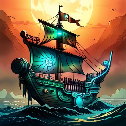 Cybernetic Atlantean Aztec Pirate Ship: Digital Art