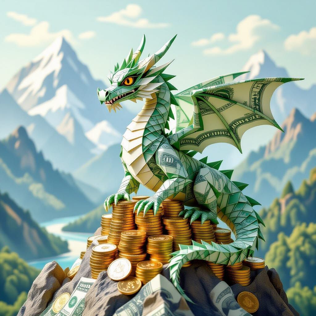 Origami Dragon of Money on Gold Mountain Peak
