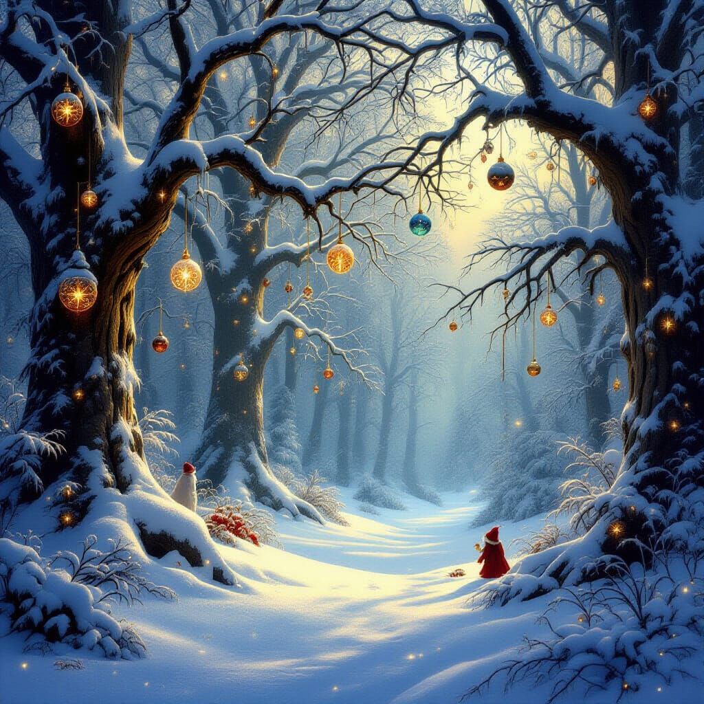 Magical Christmas Forest with Enchanted Ornaments and Creatu...