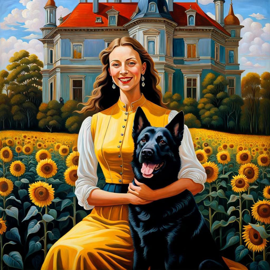 Woman with Dog in Sunflower Field, Maximalist Painting