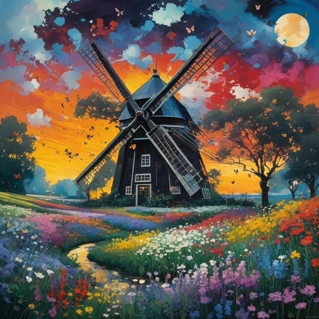 Vibrant Dutch Windmill Amidst Blooming Wildflowers and Swirl...