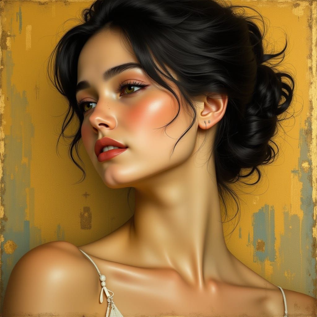 young woman delicate features, and bright eyes, surrounded by soft, golde...