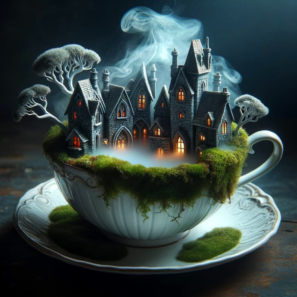 Miniature Gothic Village in Mossy Teacup