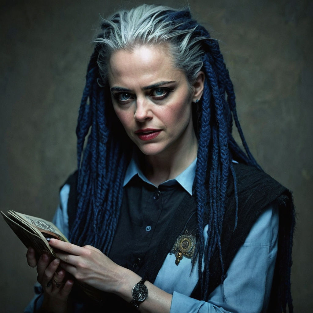 Eva Green-Inspired Woman with Dark Blue Eyes and White Dread...