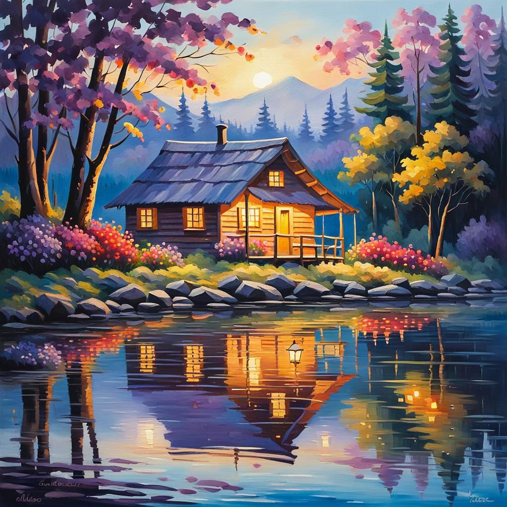 Ethereal Gouache Landscape with Floating Flowers