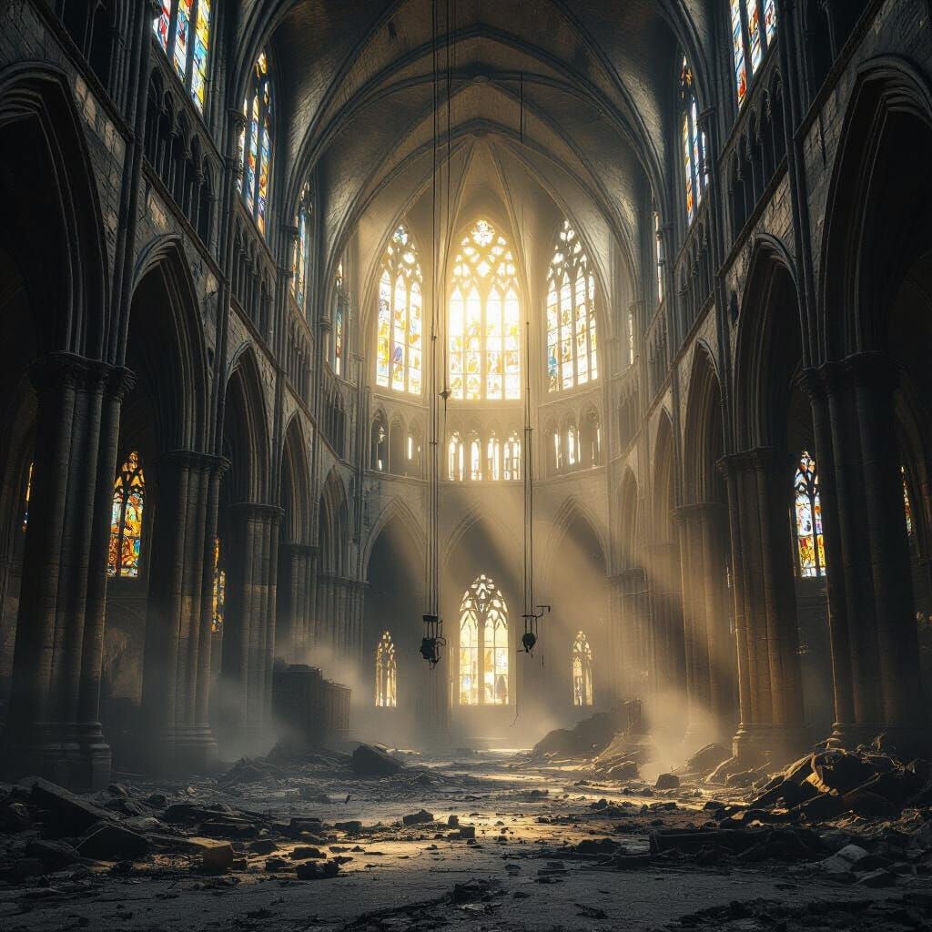 Decaying Gothic Cathedral Interior with Golden Light