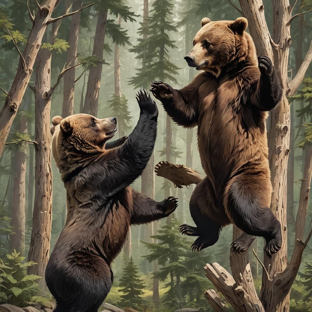 Two Bears High-Fiving in the Forest
