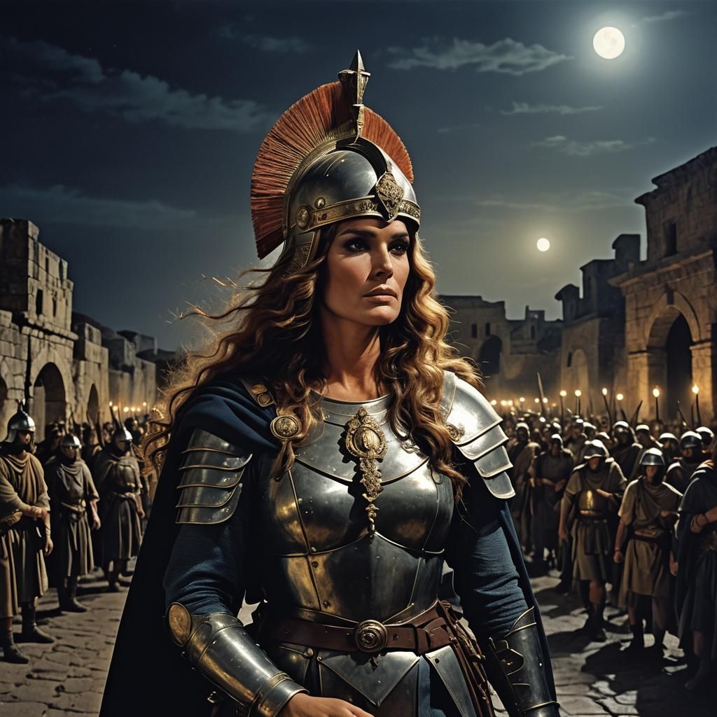 Woman in Roman Legion Uniform Under Moonlight