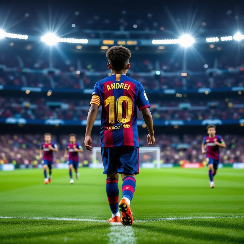 Young FC Barcelona Player Andrei Enters Football Pitch