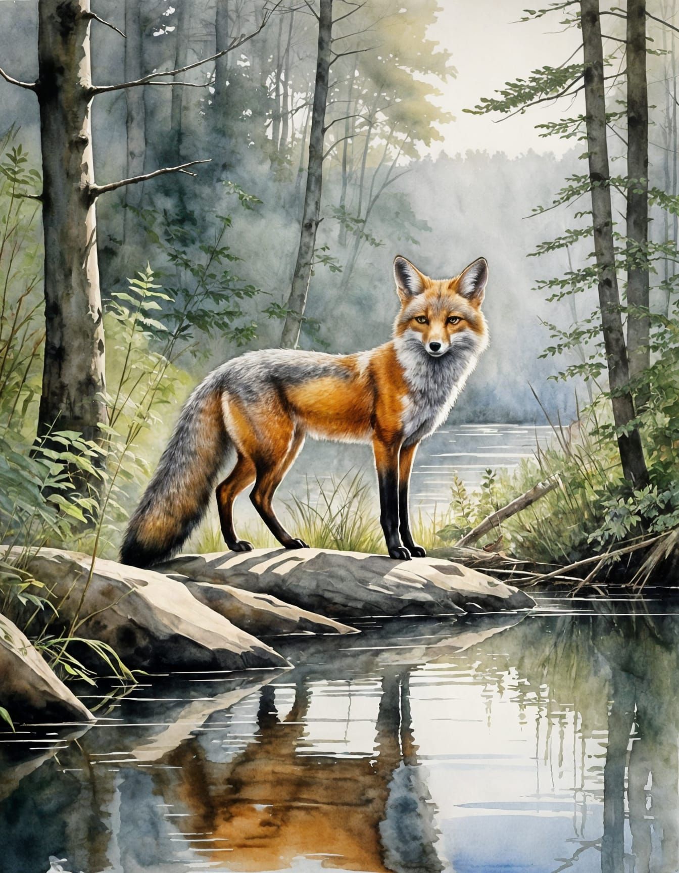 Grey Fox in Forest Riverbank Watercolor Painting