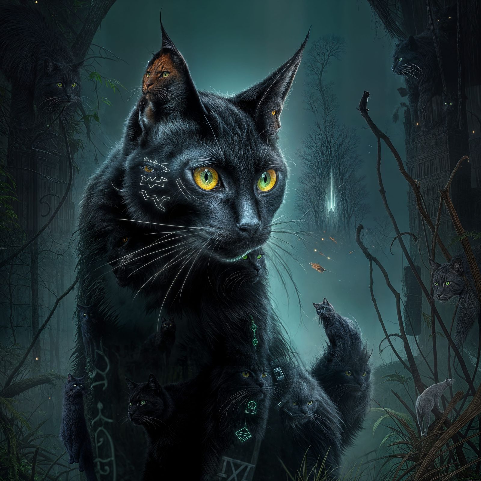 Tribal Black Cat with Cybernetic Eye in Ruins