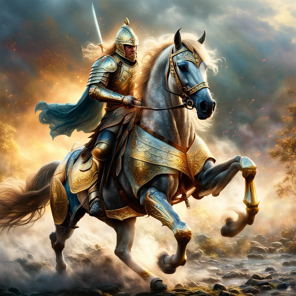 Armored Warhorse Charges in Golden Light