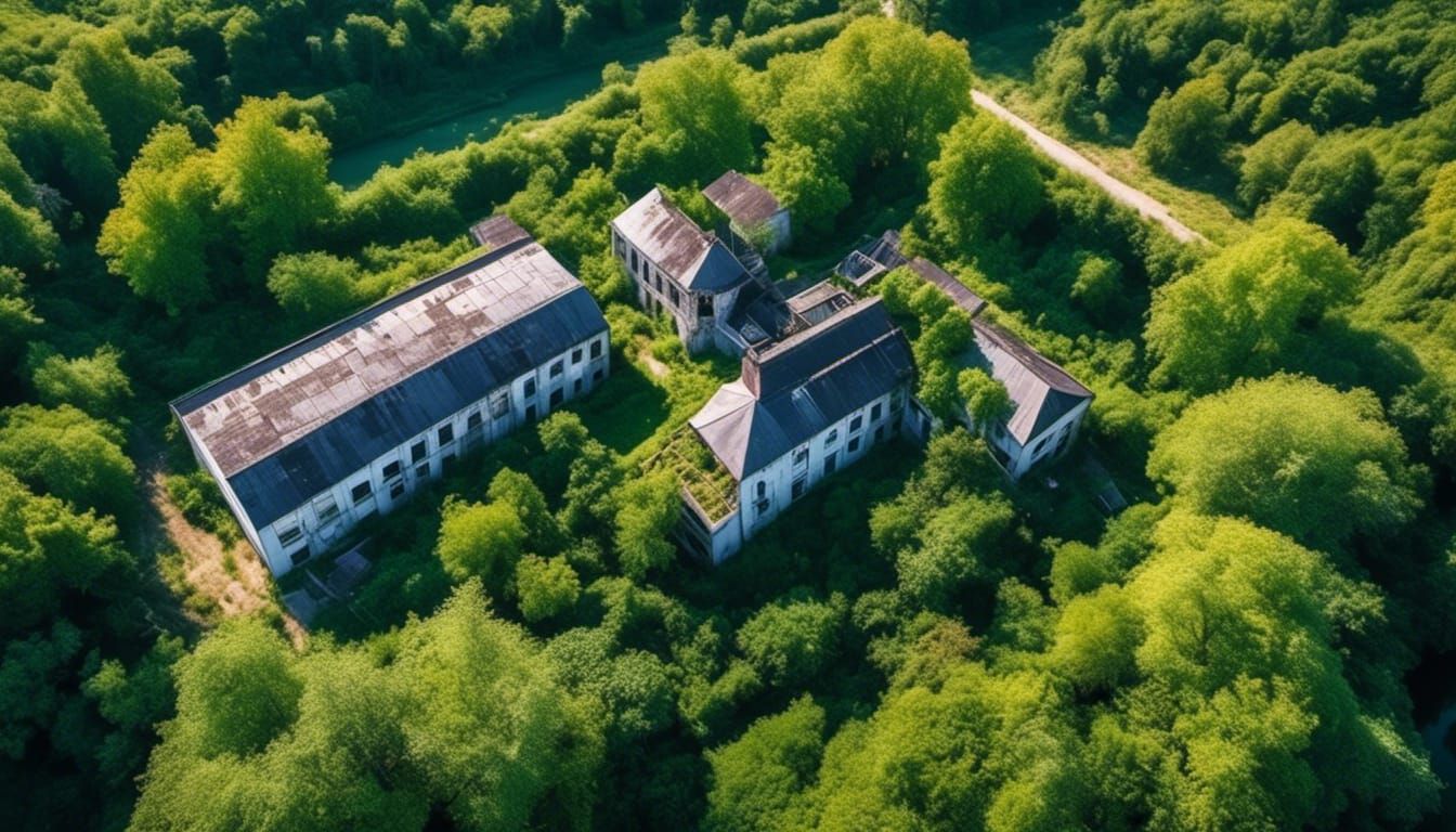 Overgrown Factory Viewed from Above on Sunny Day