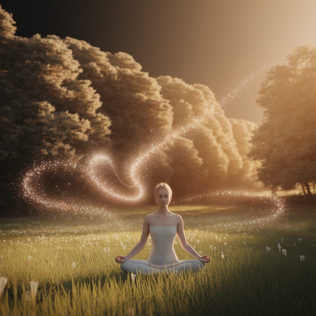 Meditative Figure in Sunlit Meadow with Glowing Particles