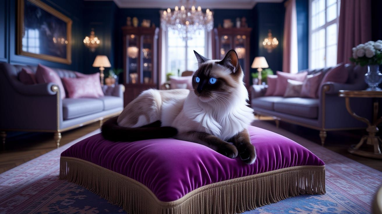 Siamese Cat Queen on Velvet Pillow in Digital Painting Style