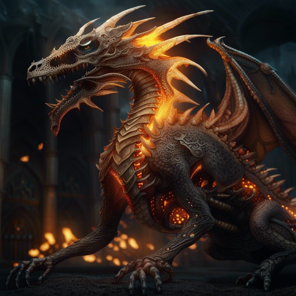 Skeletal Dragon Breathing Fire: Digital Matte Painting