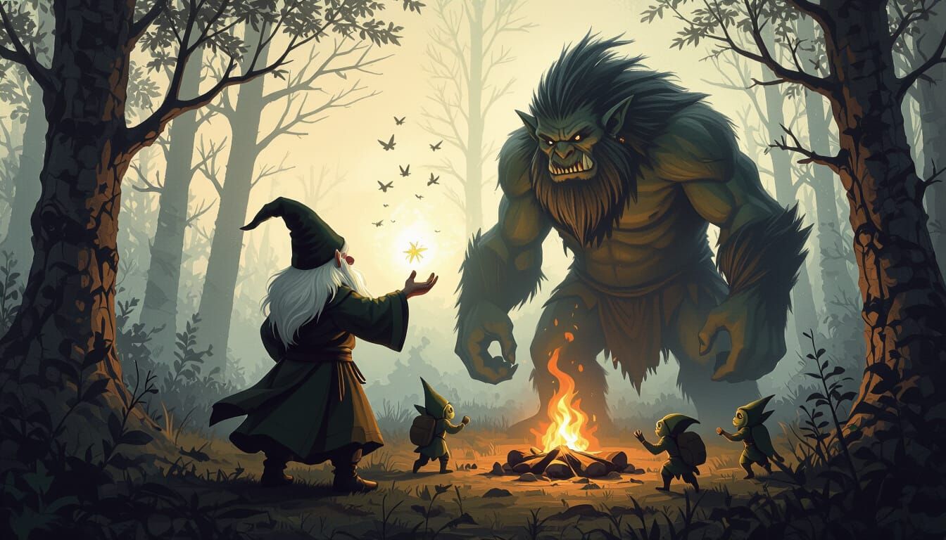 Gnome Illusionist Creates Troll Illusion in Dark Forest