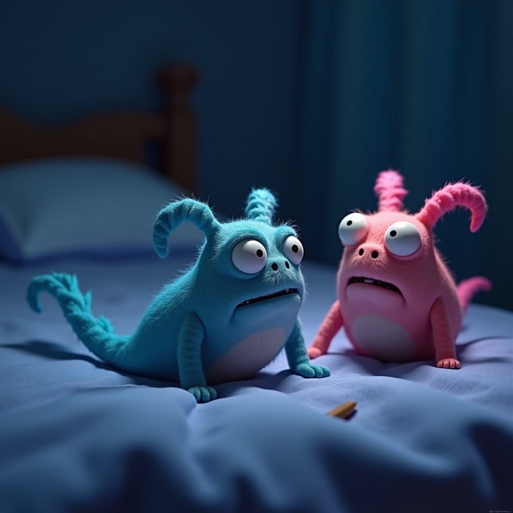 Whimsical Depression Monsters in Dimly Lit Bedroom
