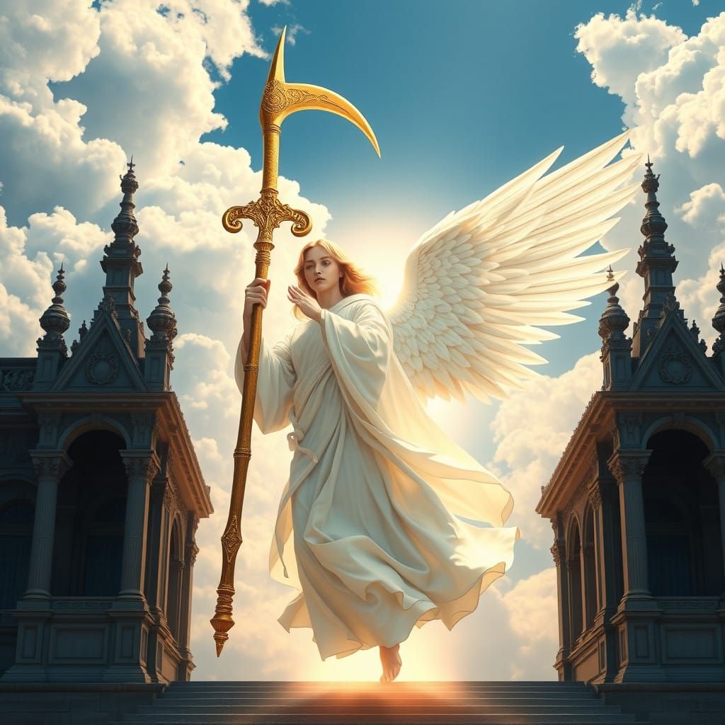 Serene Angel Emerges from Gothic Temple with Golden Sickle