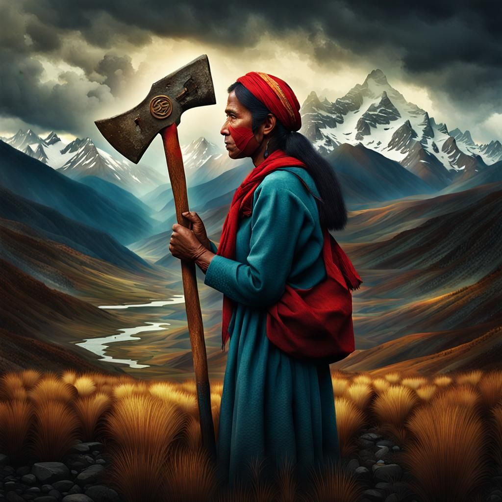 Woman with Hammer and Sickle in Andes, Watercolor Style