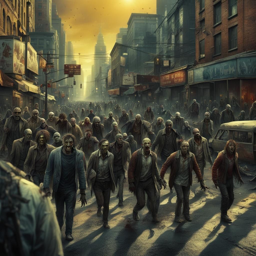 Zombies Stroll Down City Street: Digital Matte Painting