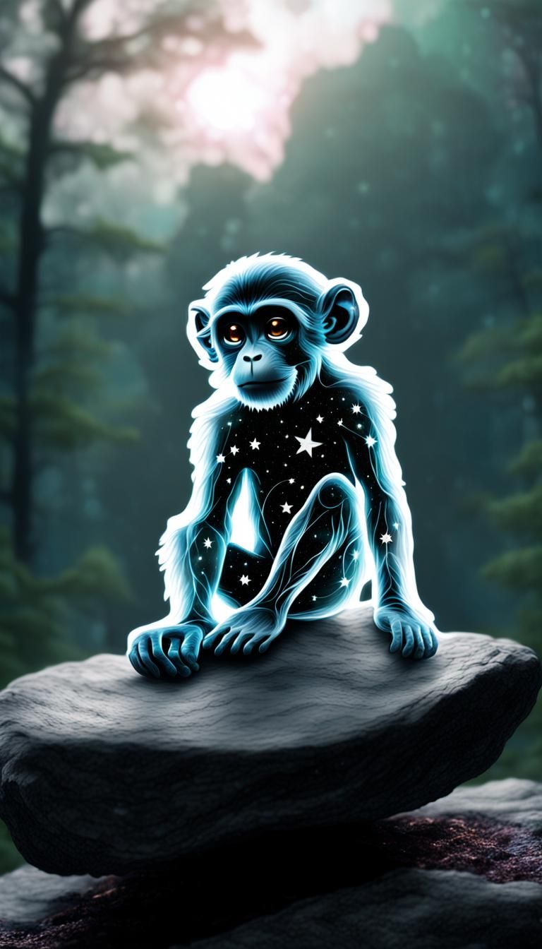 Chibi monkey silhouette in a surreal x-ray style, transparent nebula-like anatomy with stars dotting its immaterial form...