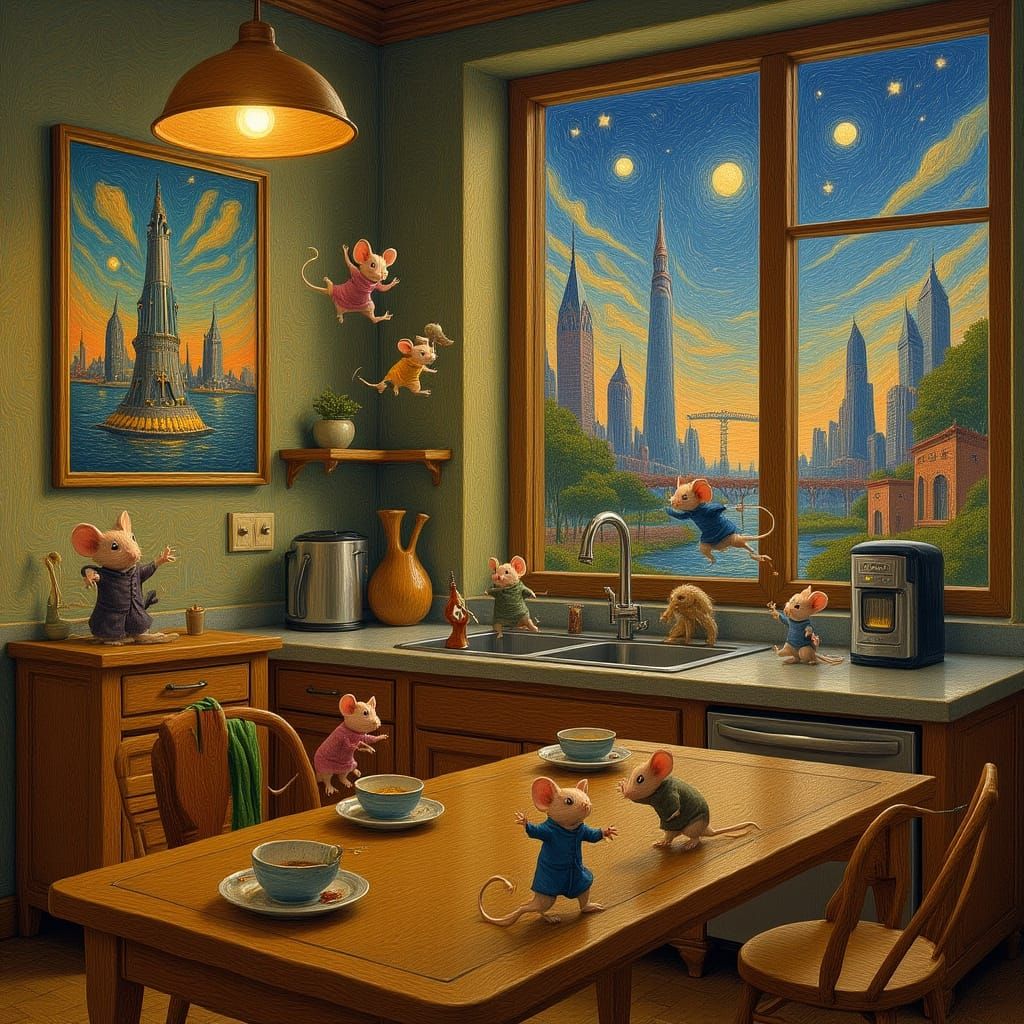 Mice Dance in Tilted Kitchen: Surreal Glitch Art