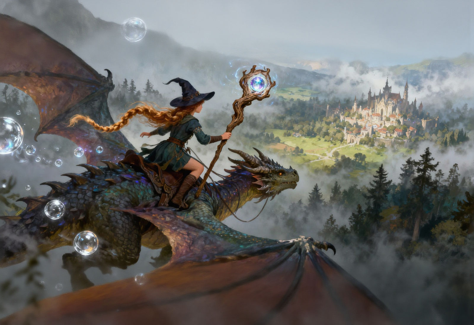 Witch Riding Dragon Over Magical Kingdom
