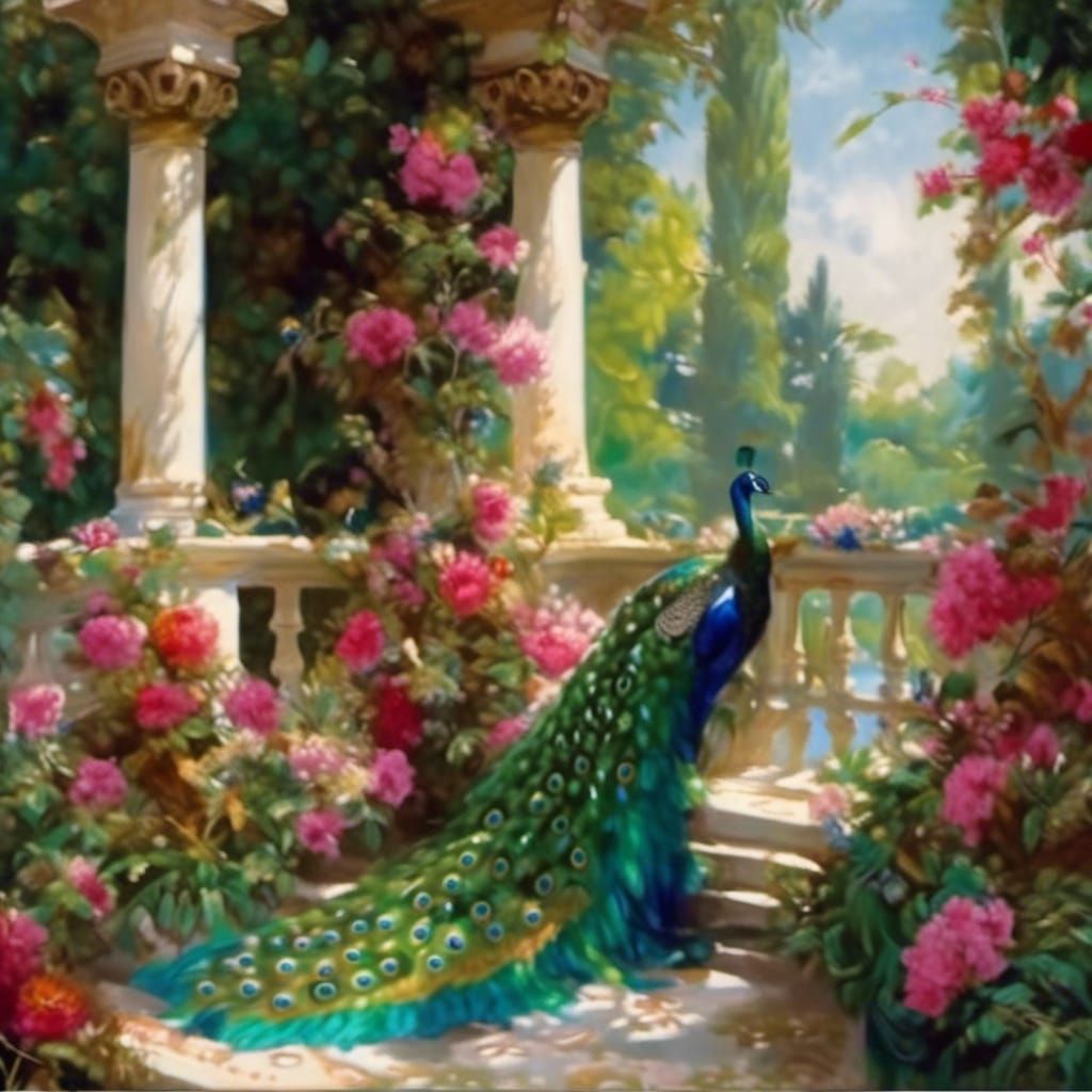Peacock in Palladian Garden: Alma-Tadema Style