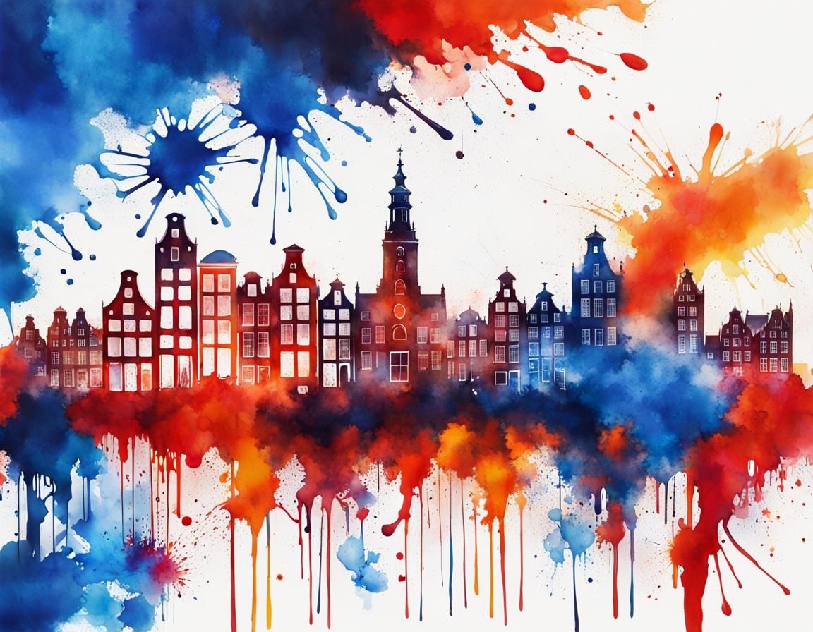 Amsterdam Skyline in Watercolor Ink Splatter Style