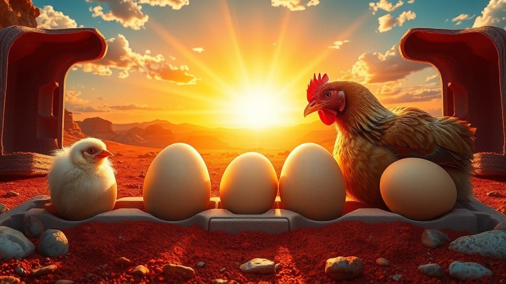 Surrealistic Mother Hen Watches Over Eggs in Sunrise Landsca...