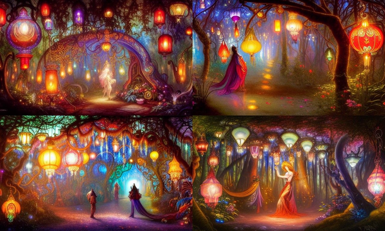 Magical Portal in Fantasy Forest with Hanging Lanterns