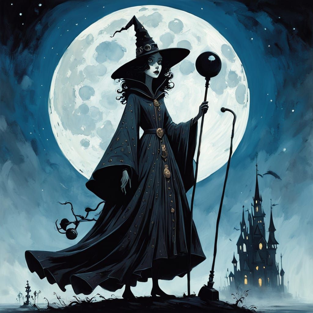 Jovial Witch Rides Retro-Futuristic Vacuum Cleaner Under Sta...