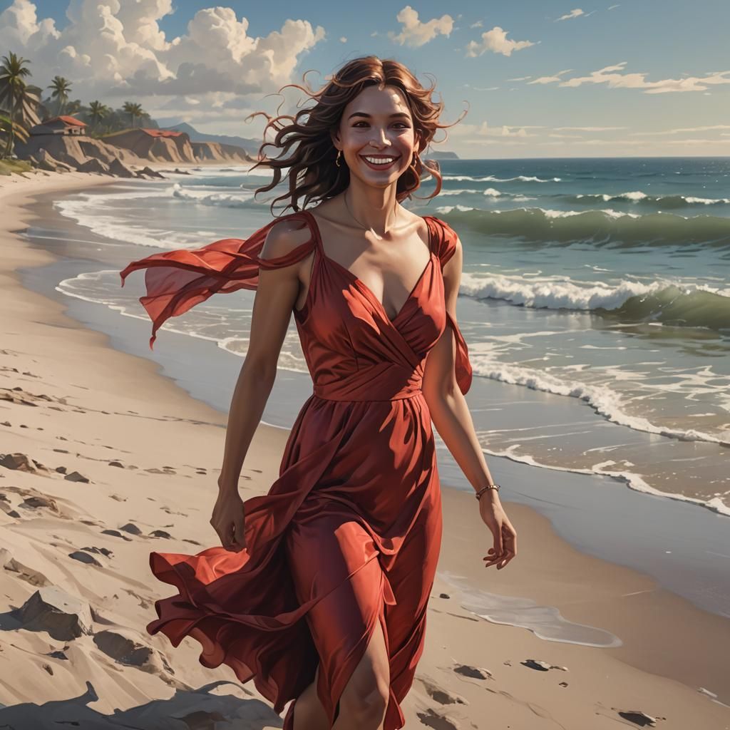 Smiling Woman in Red Dress on Beach, Splash Art