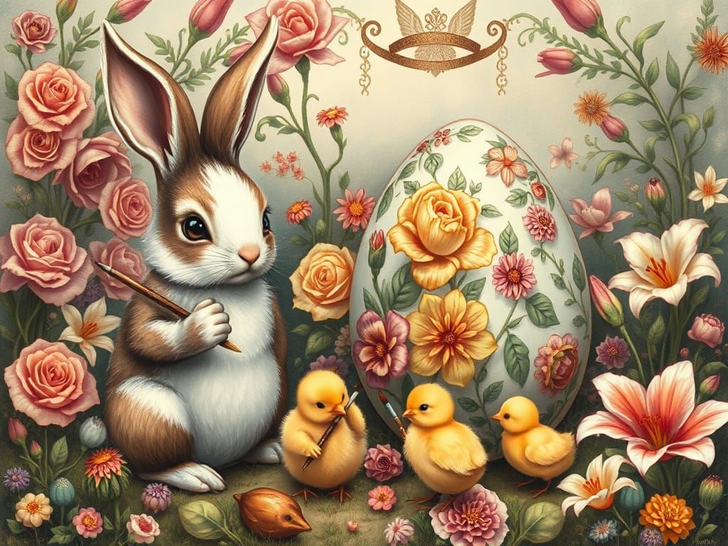 Bunnies and Chicks Painting Easter Eggs: Vintage Illustratio...