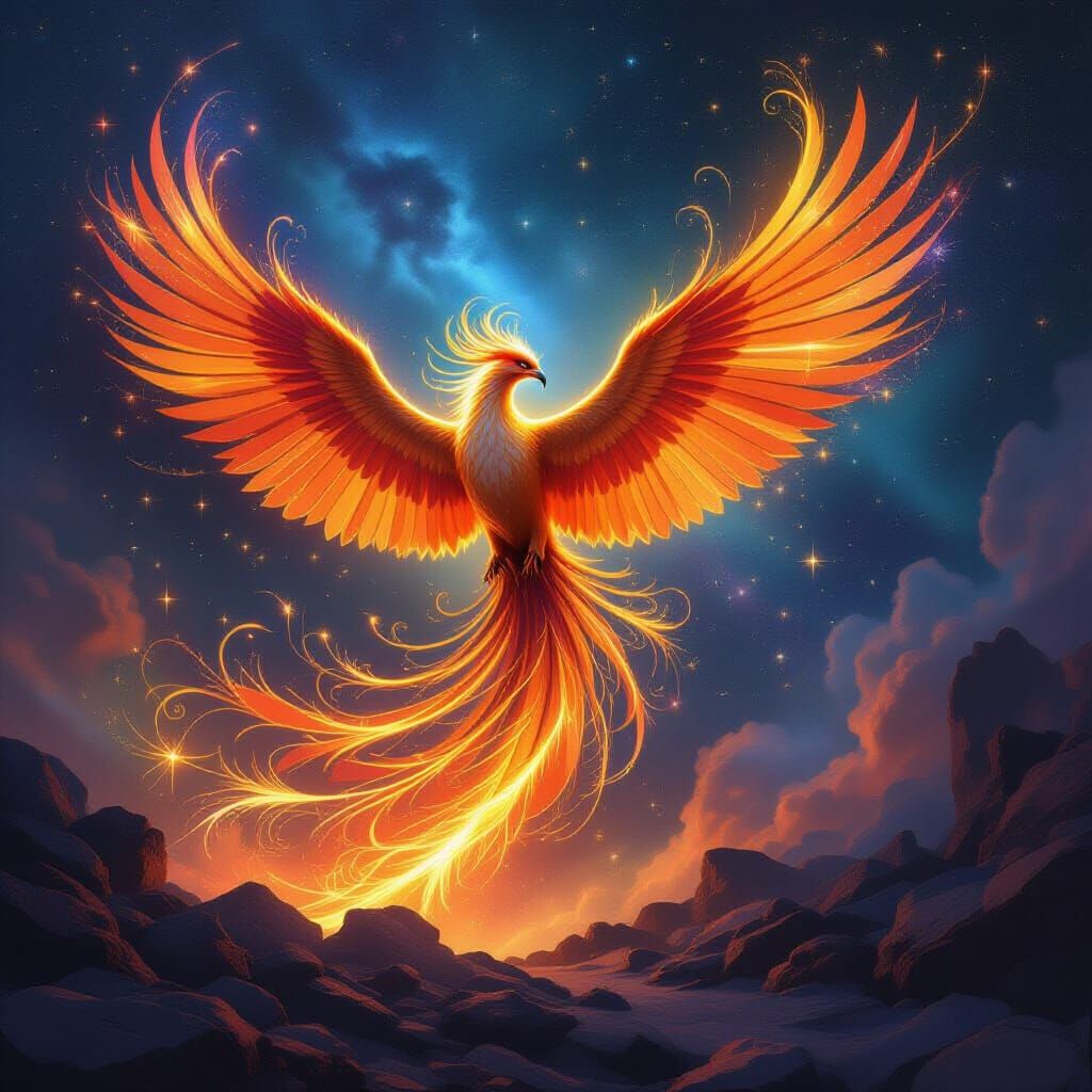 Phoenix Rises from Nebula in Starlight Feathers