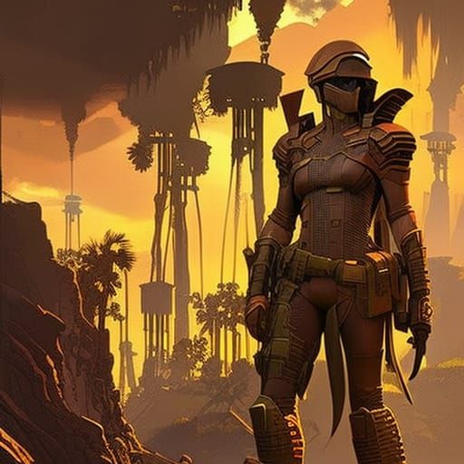 Cyberpunk Armor on Tropical Jungle Street