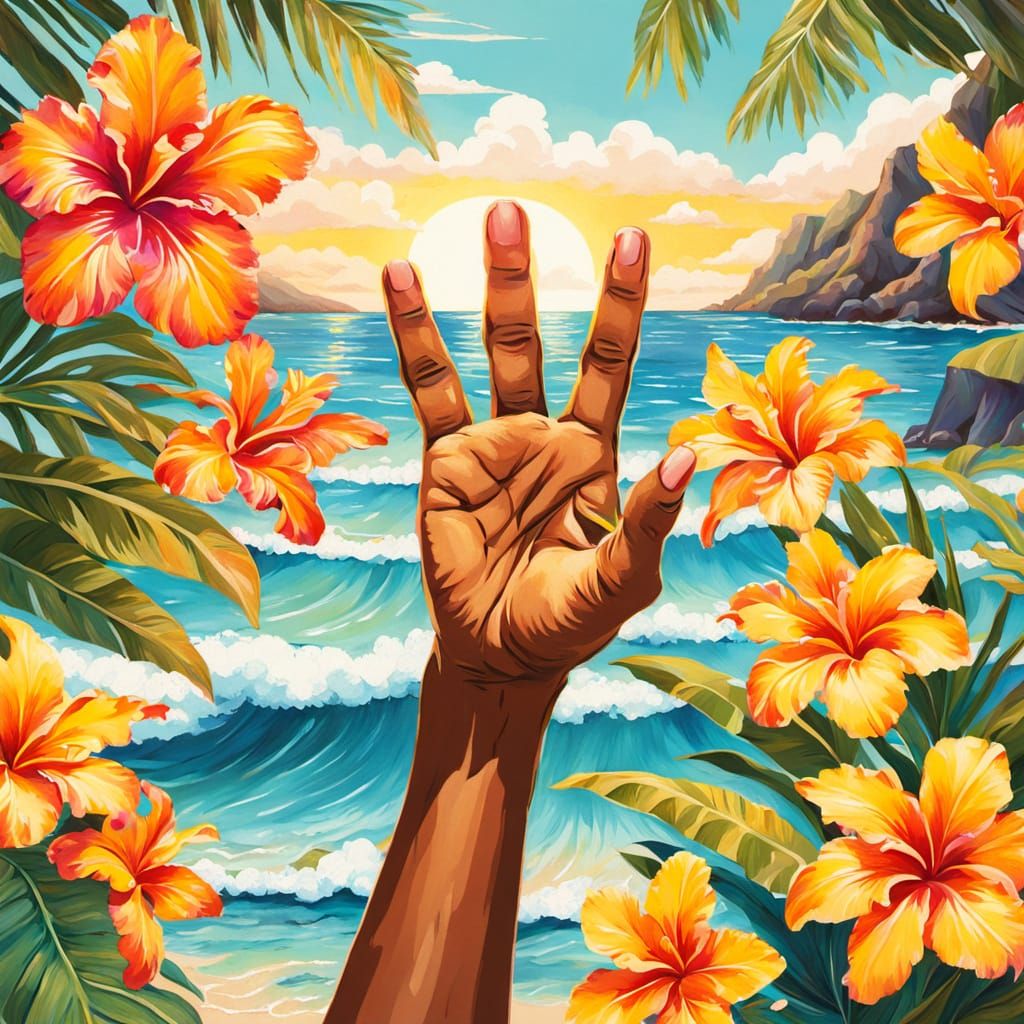 Hawaiian Shaka Sign with Tropical Flowers
