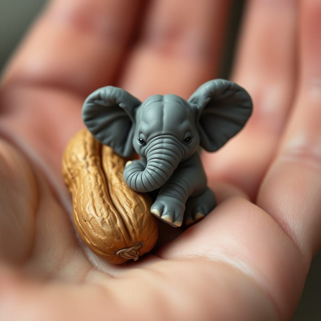 Tiny Elephant Protects Gigantic Peanut in Human Palm