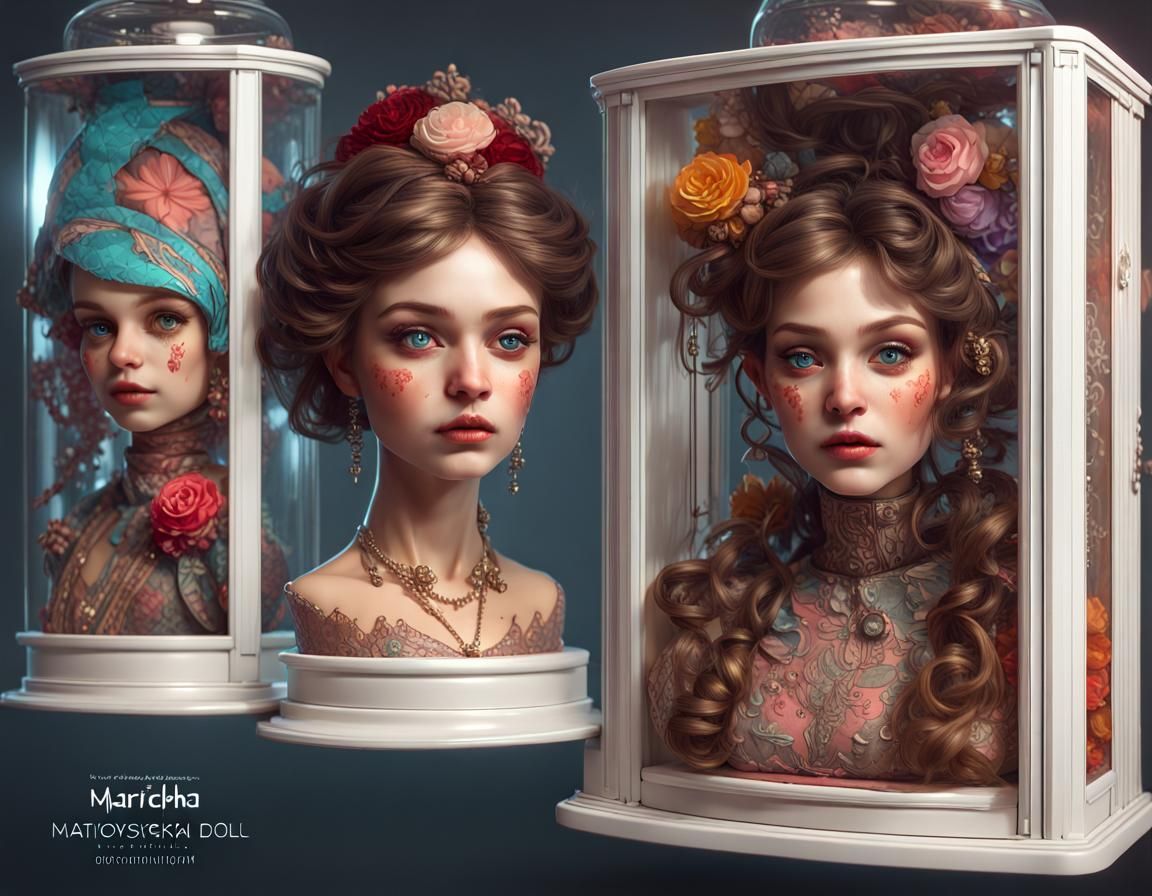 Matryoshka Dolls in Curio Cabinet: Detailed Digital Art