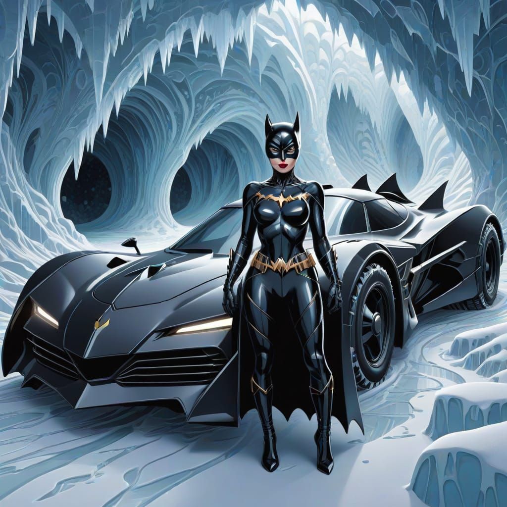 Catwoman and Batmobile in Winter Ice Cave