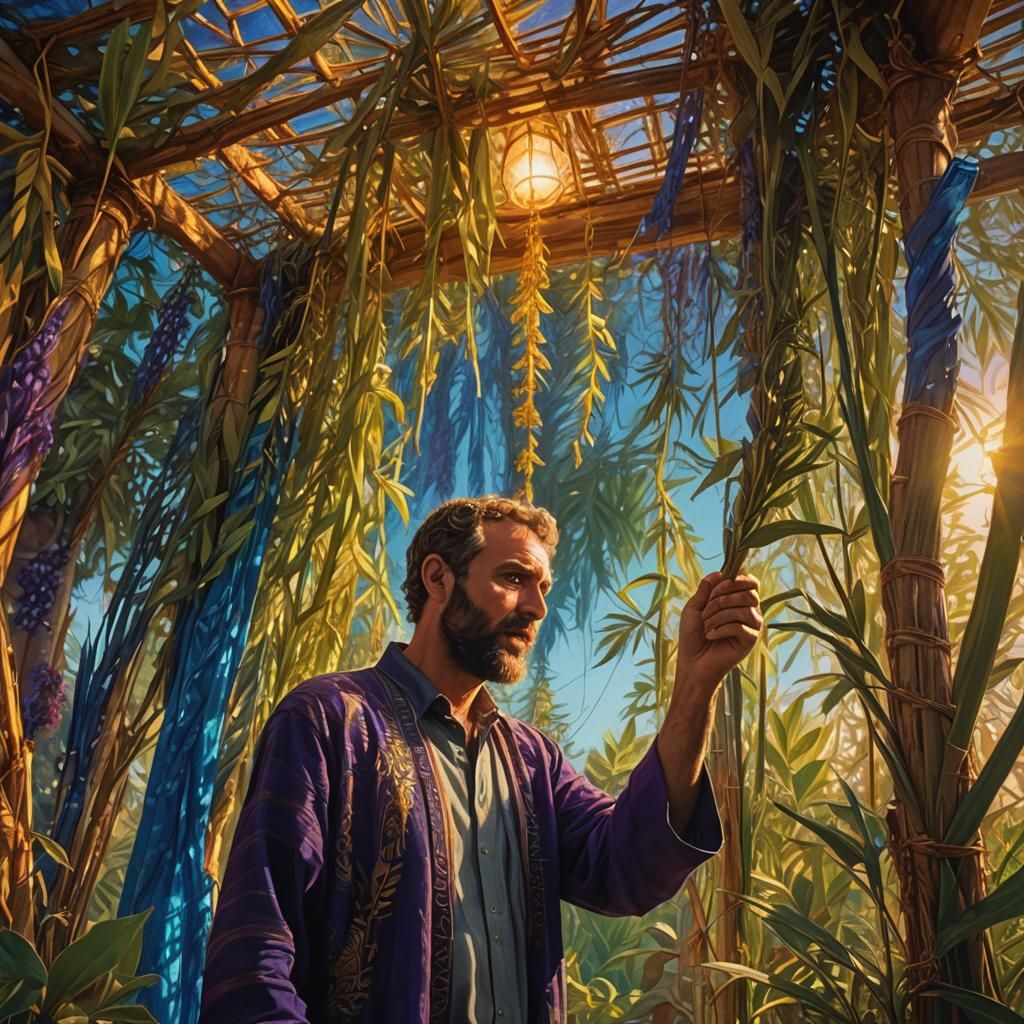 Man Shaking Lulav in Sukkah: Surreal Matte Painting