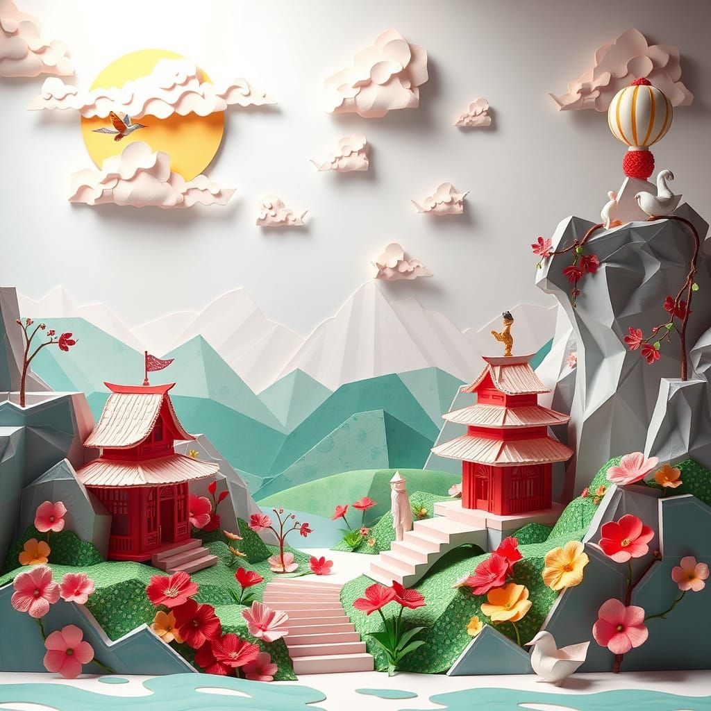 Serene Origami Landscape in 8K Resolution