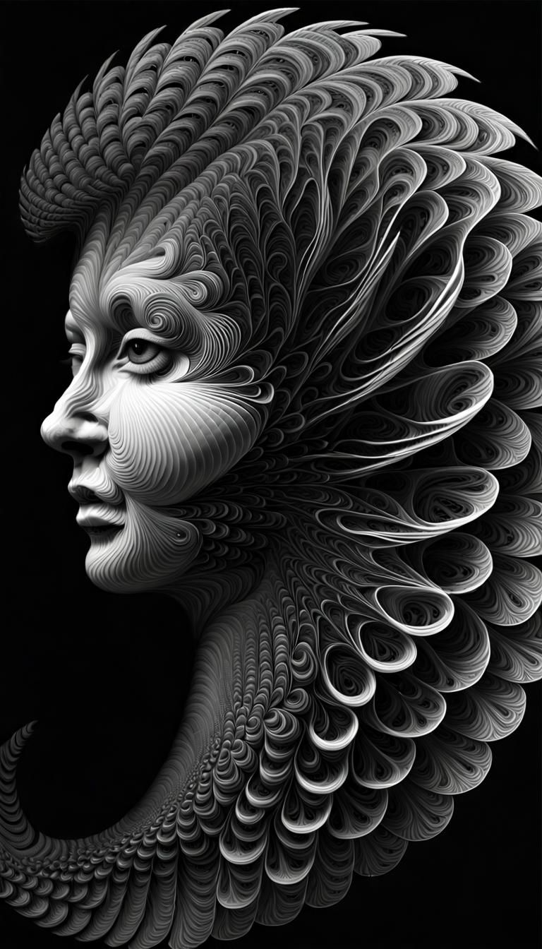 A beautiful feathered fractal head layered paper art digital black & white.