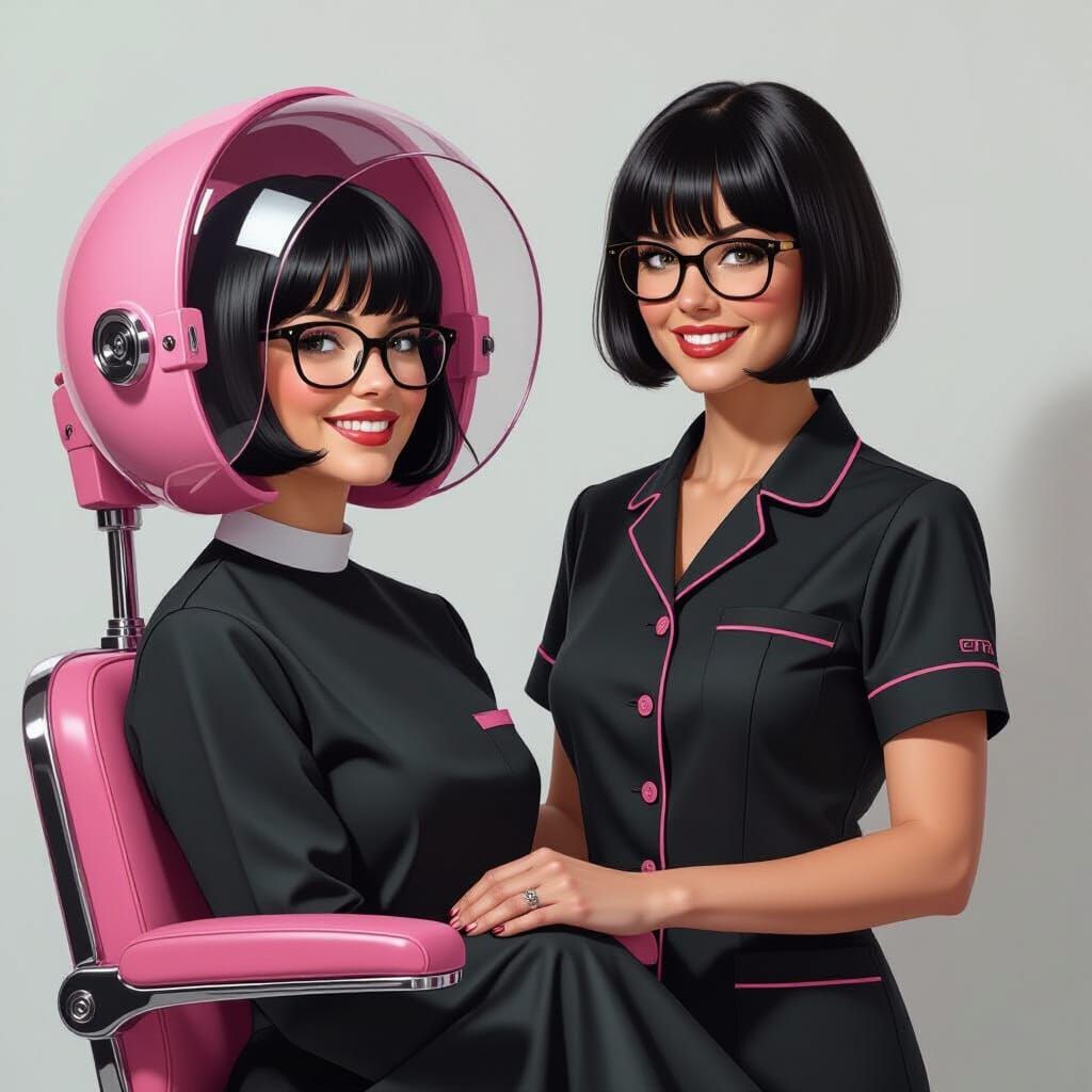 Retro Pink Hair Dryer Chair with Stylist, Anime Style