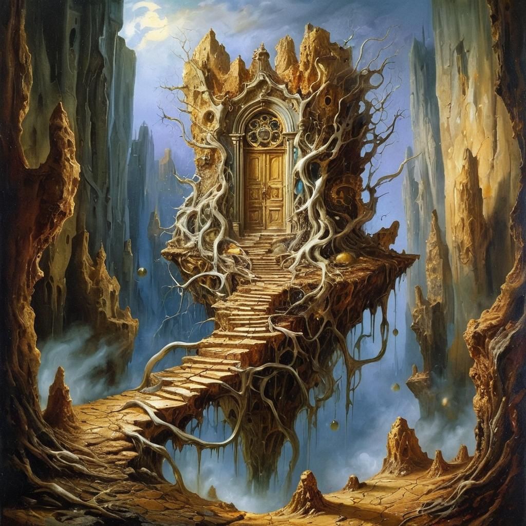 Surreal Melting Cityscape in Dreamlike Oil Painting